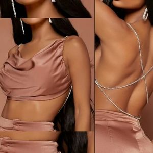 ELEGANT BACKLESS DRAPPED FRONT RHINESTONE CRISS CROSS CROP  TOP